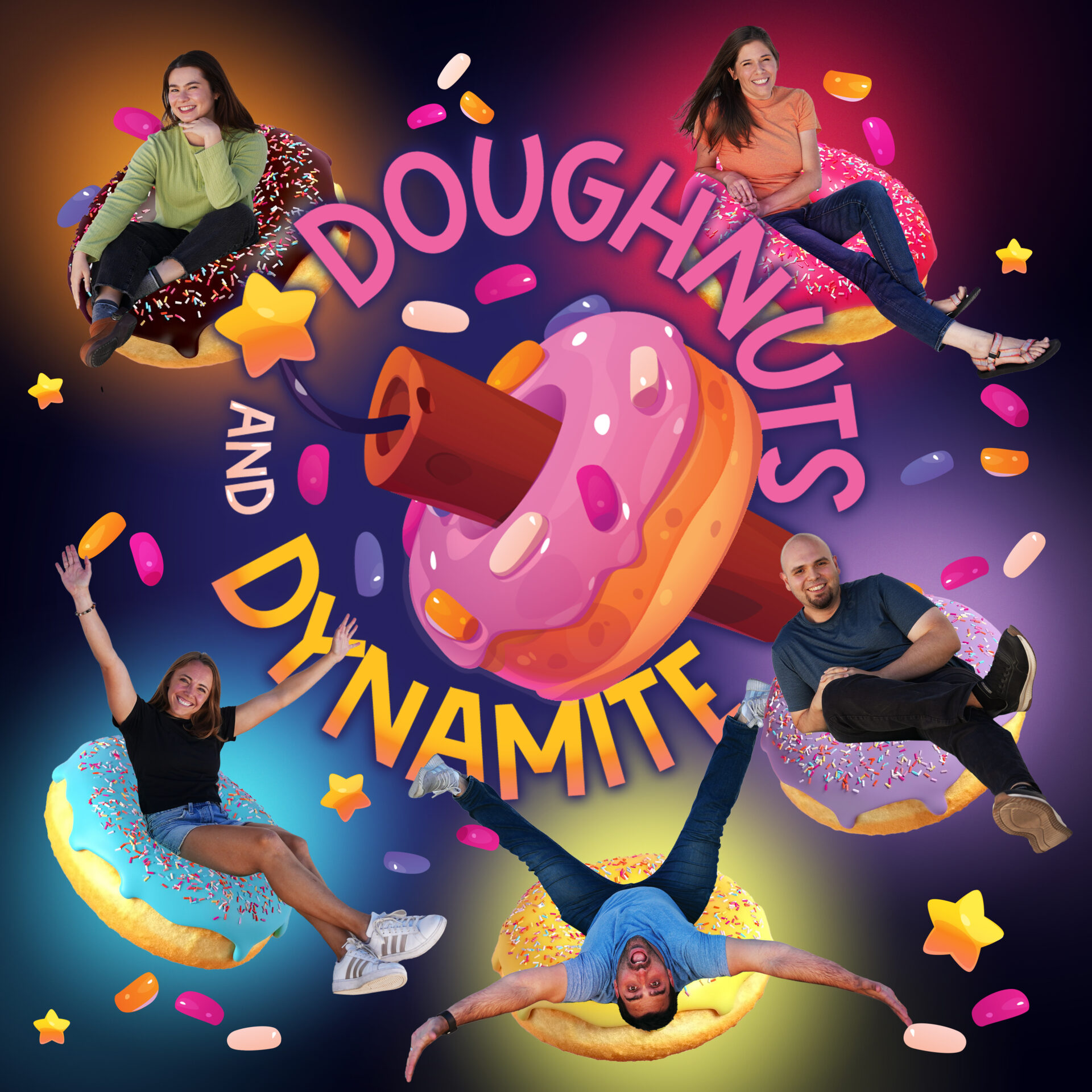 Colorful donuts flying on pink background. Colorful donuts flying on pink background. 3D illustration.